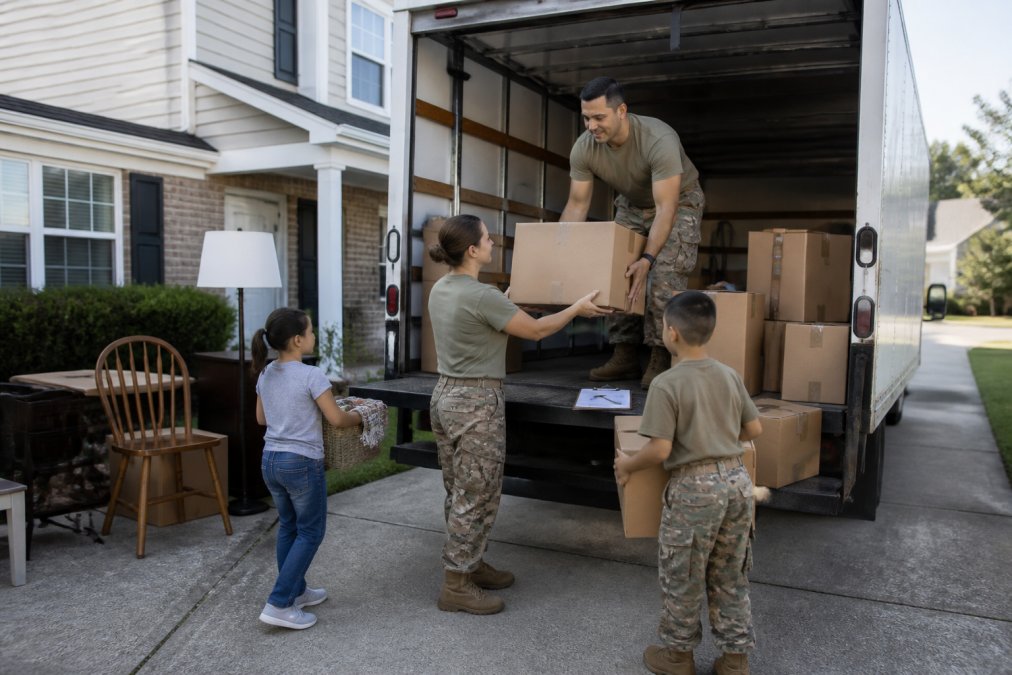 Military family loading labeled boxes into a truck for a DITY move with a checklist on the tailgate