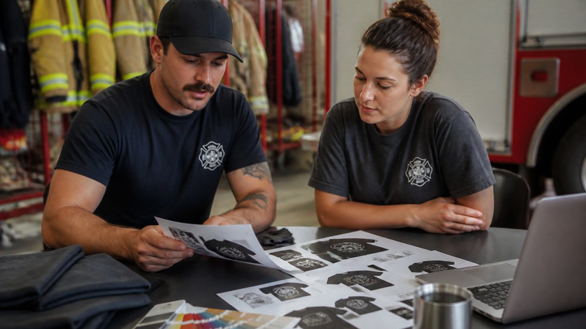A firefighter and a volunteer at a station table reviewing printed shirt designs and color swatches, with a laptop showing a design mockup nearby
