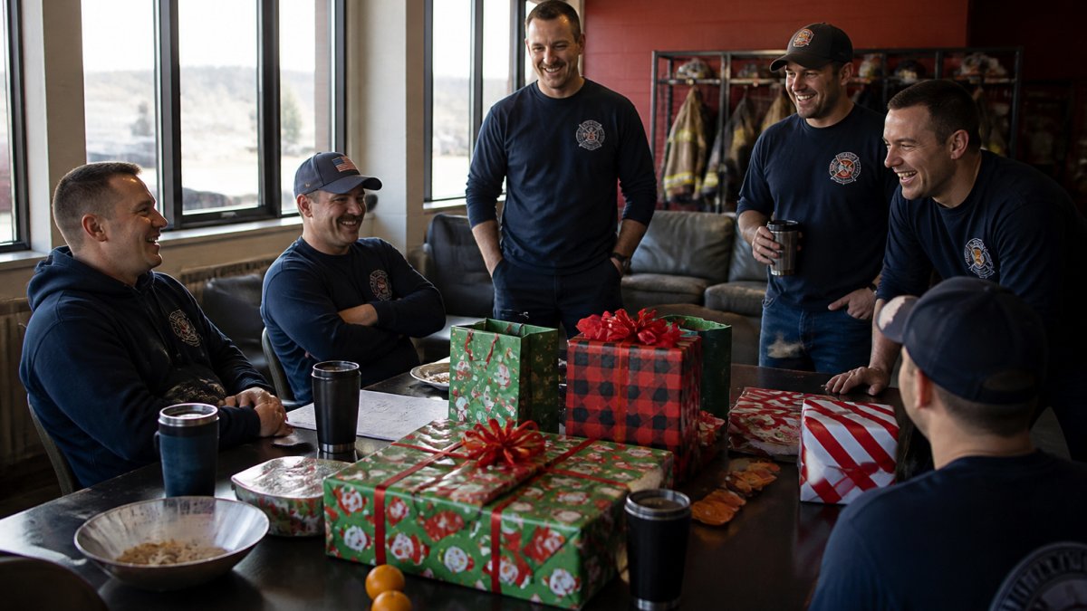Firefighters gathered in a firehouse common area around a table with wrapped gifts, coffee cups, and snacks, natural light streaming through windows, crew members smiling and laughing together