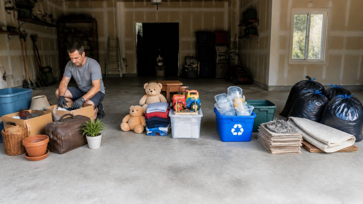 Garage items sorted into labeled piles for keep, donate, recycle, and trash during how to organize a garage cleanout
