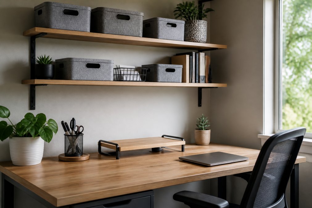 Tidy desk with wall-mounted storage to organize home office space efficiently
