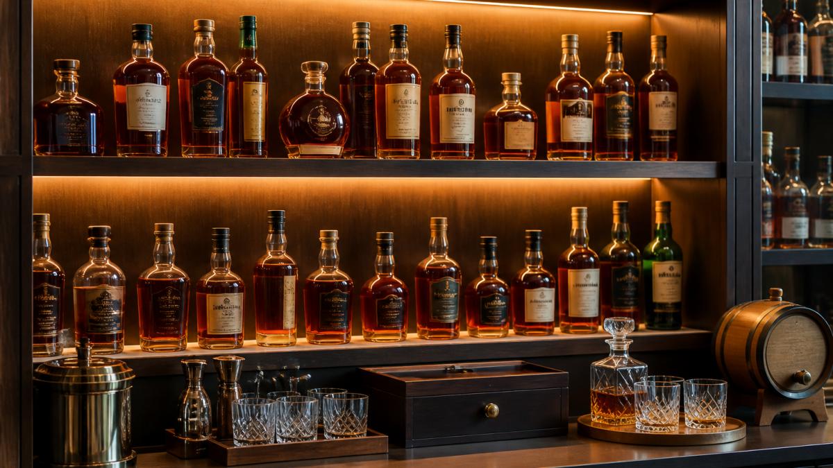Bourbon and whiskey bottles organized on dark wooden shelves with warm accent lighting highlighting the labels.