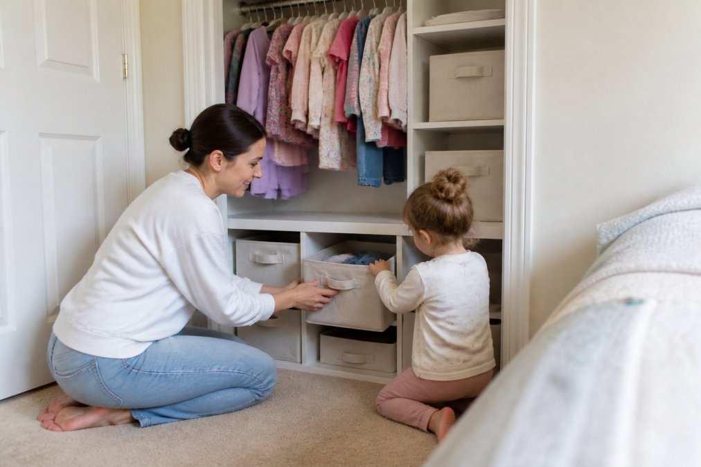 Parent and child organizing a kids closet with labeled fabric bins and low cubbies to maximize space