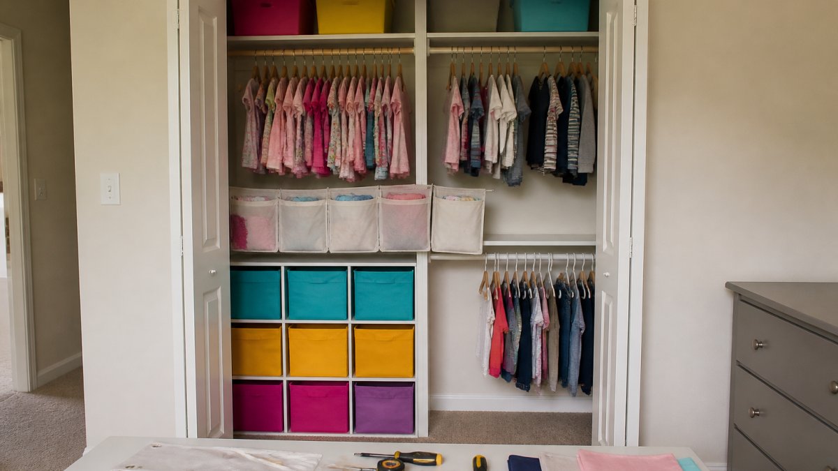 Shared kids closet divided into two vertical zones with color-coded bins, a second rod on one side, and a tension rod with fabric pockets across the middle