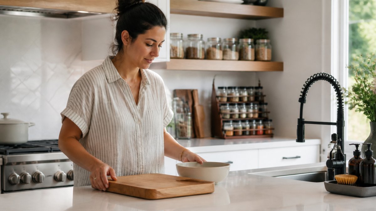 A person in a bright apartment kitchen placing a cutting board and bowl on a clear counter beside the sink, with labeled canisters and a tiered spice rack visible on open shelves behind them