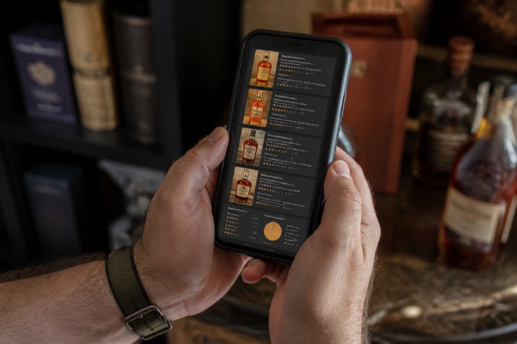 Close-up of hands holding a smartphone displaying a whiskey collection app interface with bottle photos, tasting notes, detailed inventory information, and collection statistics visible on the screen