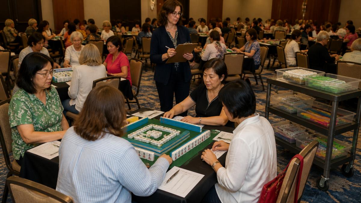 Professional mahjong tournament venue with multiple tables set up in organized rows, players seated at tables with mahjong sets and scoring sheets visible, tournament director managing the floor with clipboard