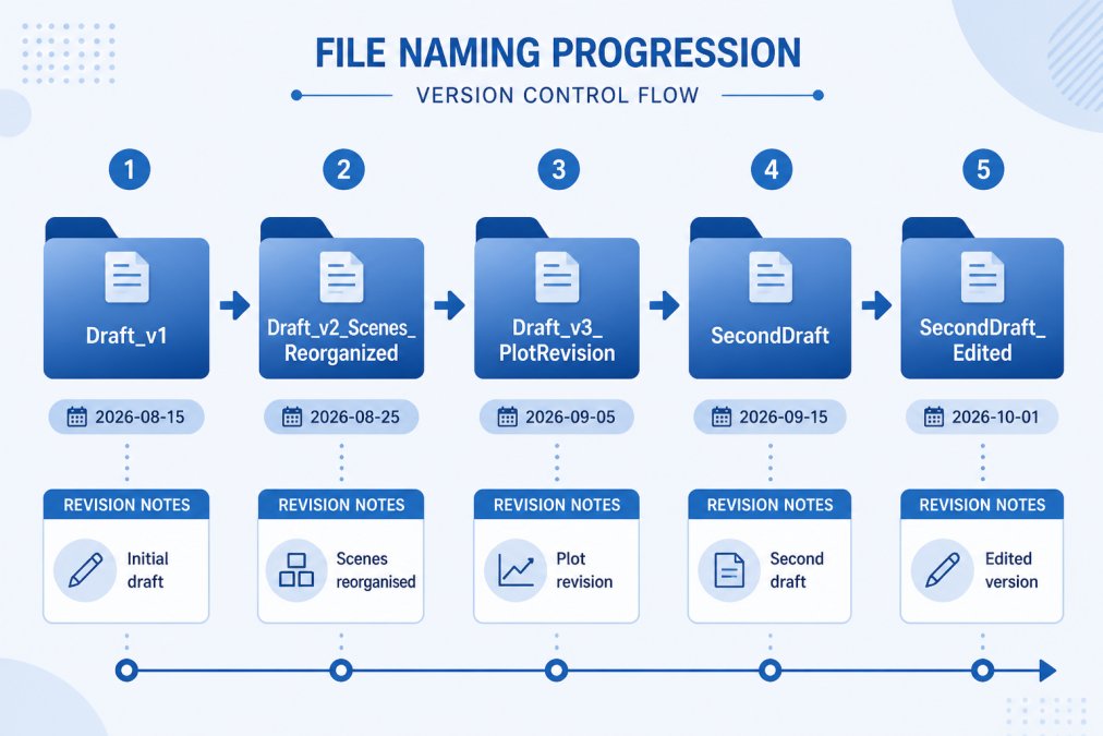 Flowchart showing file naming progression: Draft_v1_2026-08-15 → Draft_v2_Scenes_Reorganized_2026-08-25 → Draft_v3_PlotRevision_2026-09-05 → SecondDraft_2026-09-15 → SecondDraft_Edited_2026-10-01, with revision notes and dates