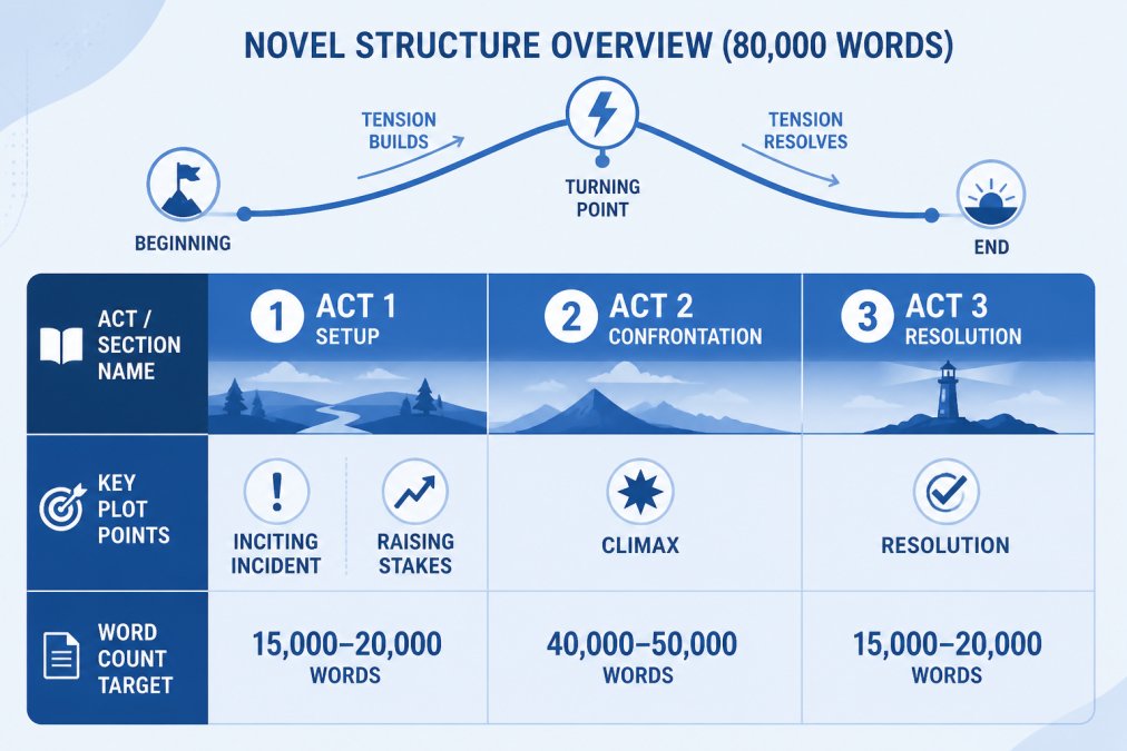 Three-column comparison matrix showing narrative structure: Act/Section name (Act 1 Setup, Midpoint Crisis, Act 2 Confrontation, Act 3 Resolution), Key Plot Points (Inciting Incident, Raising Stakes, Climax, Resolution), Word Count Target (15,000-20,000 words, 40,000-50,000 words, 15,000-20,000 words) for an 80,000-word novel, showing how to organize narrative arc progression