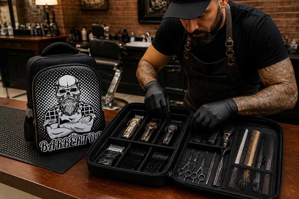 Professional barber arranging clippers, shears, and combs in organized compartments with drawer dividers and labeled sections in a portable station setup
