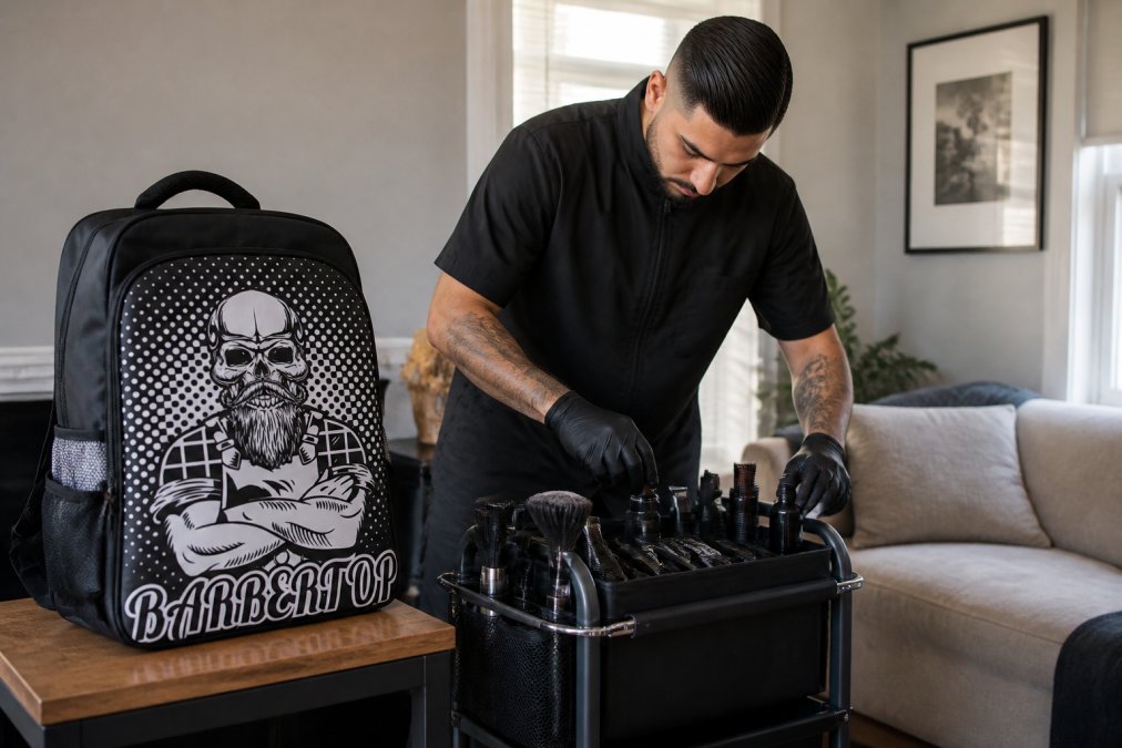 Mobile barber working from a compact organized station with a rolling trolley, waterproof storage backpack, and labeled tool caddies in a client's home with natural lighting