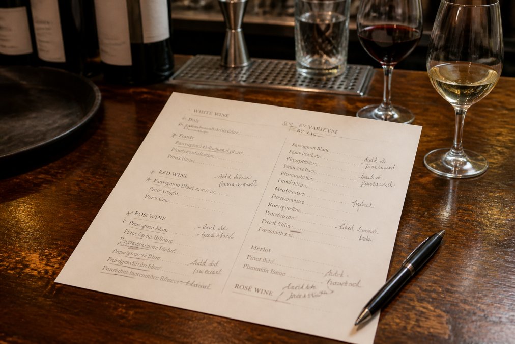 A printed wine list displayed on a bar table with wine glasses and a pen nearby, showing clearly organised sections by region and varietal with handwritten notes