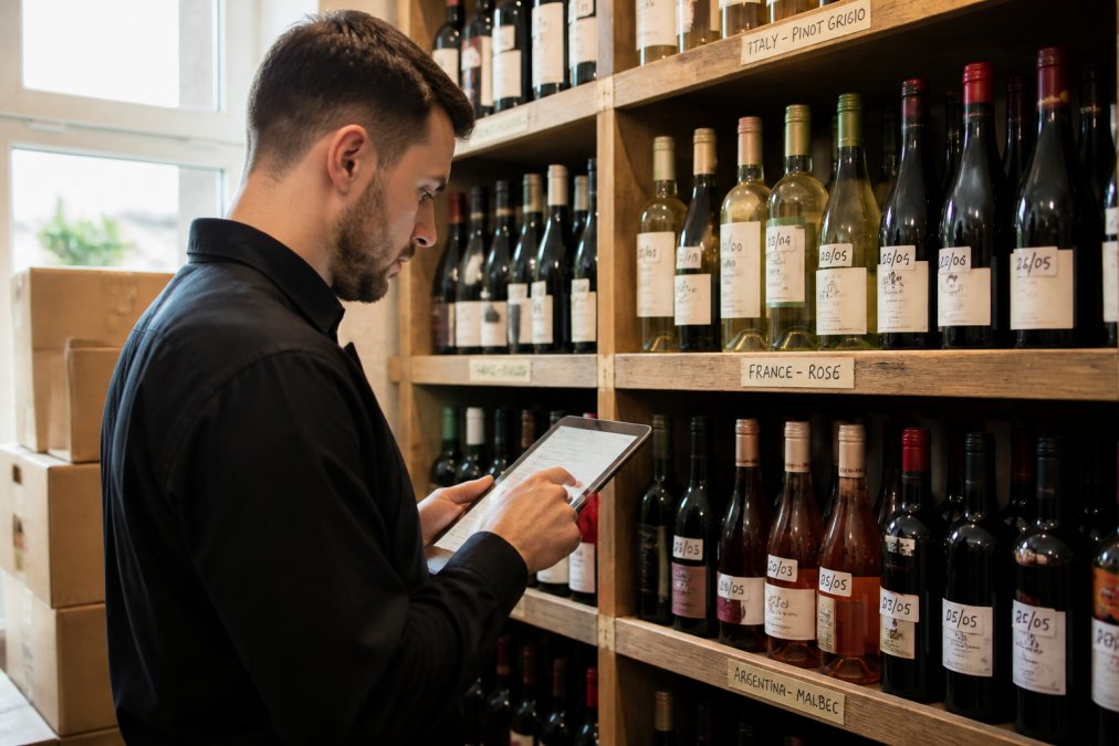 A bar staff member checking wine bottles on wooden shelves whilst taking notes on a tablet, with bottles organised by region and varietal in natural lighting, showing a stock rotation system with dated labels visible