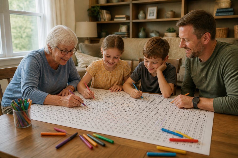 Infographic illustrating the cooperative process of completing a large word search puzzle during a family game night