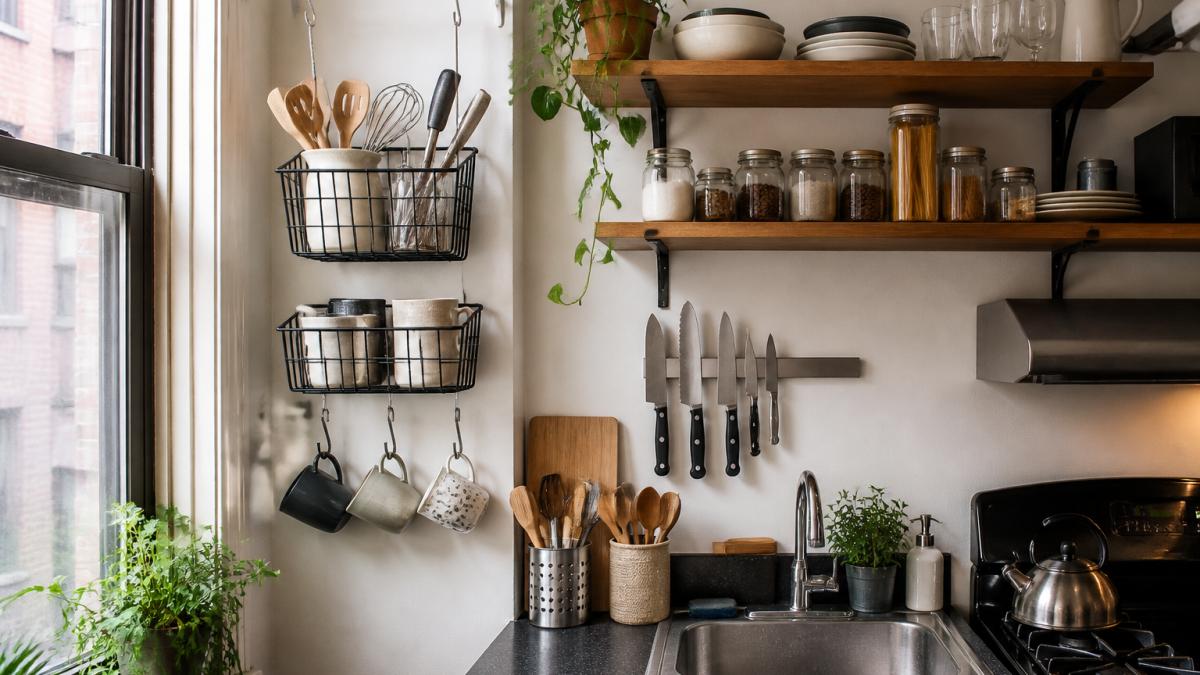 Tidy small apartment kitchen featuring vertical storage with hanging baskets, open wall shelving, and a knife strip.