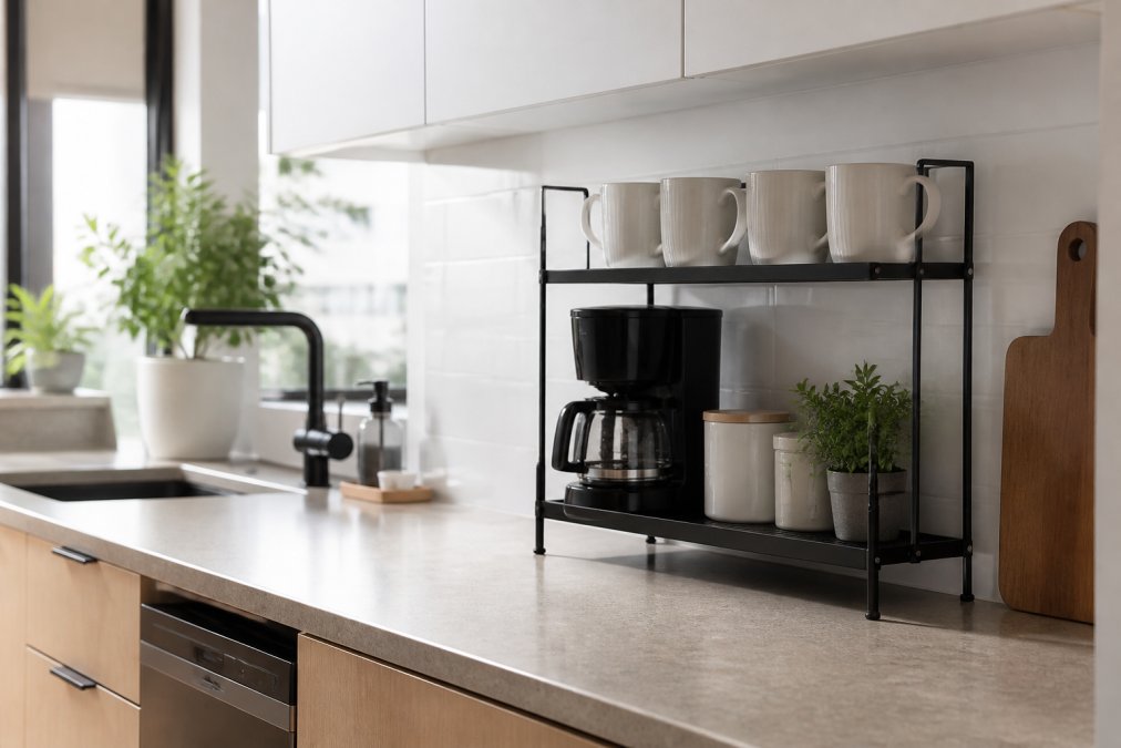 A bright, modern apartment kitchen counter with a two-tier metal shelf holding white ceramic mugs and a coffee maker, leaving clear prep space on the countertop