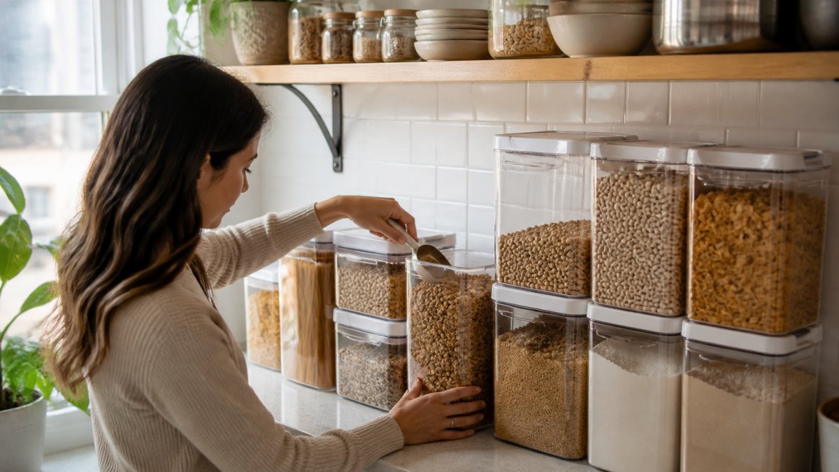 Hands scooping dry ingredients from clear, labeled pantry containers on a small apartment kitchen counter.