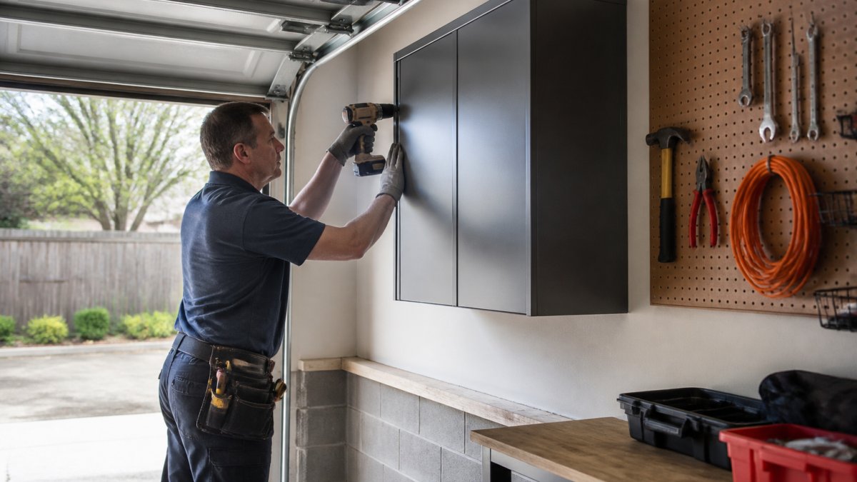 Homeowner using a drill to mount a gray steel wall cabinet in a garage with hanging tools on a pegboard nearby