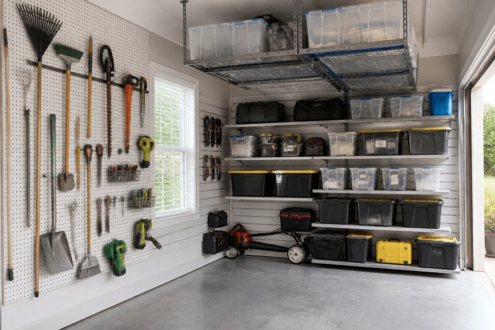A well-organized small single-car garage interior photographed in bright natural light, showing a full pegboard tool wall with hooks and mounted tools on the left, a slat wall shelving system loaded with labeled bins on the right, and ceiling-mounted metal overhead storage racks holding clear plastic totes, with clean open floor space visible below