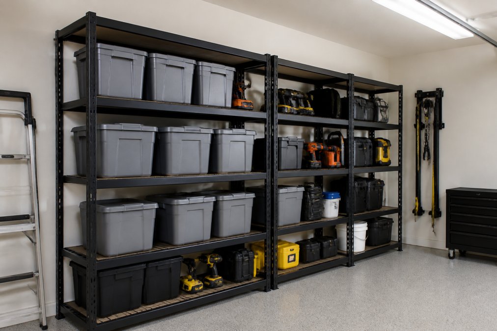 Close-up of heavy-duty metal freestanding garage shelving units loaded with neatly labeled gray storage bins and hand tools, arranged against a clean white painted garage wall under bright overhead LED lighting
