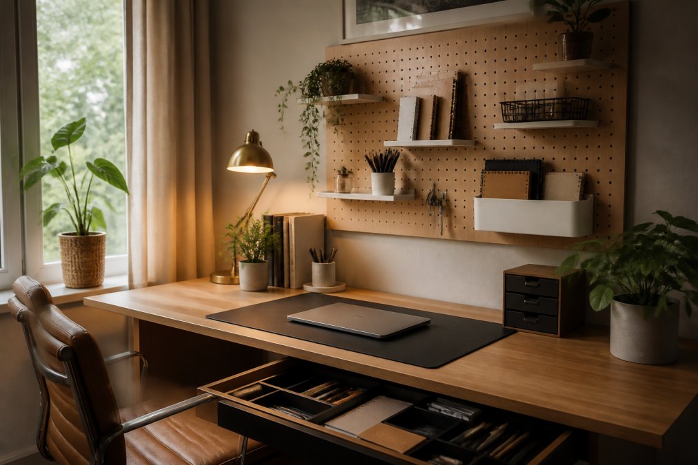 Clean, minimalist home office desk with organized pegboard on wall above, monitor on desk mat, organized drawer dividers visible in open drawer below, natural light from window