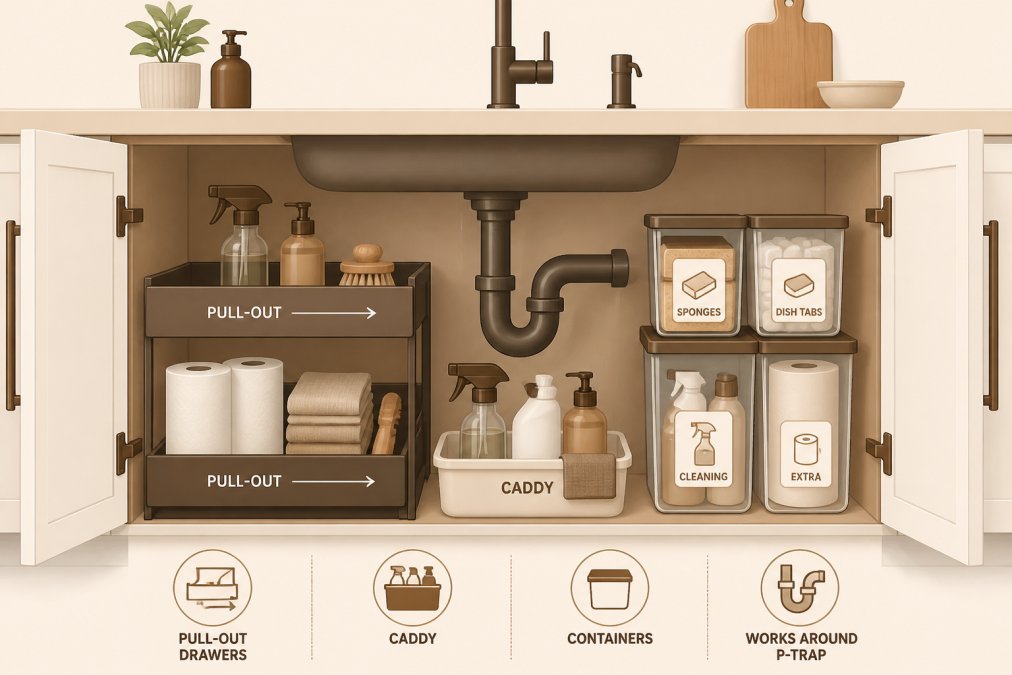 Open under-sink cabinet in a small modern kitchen showing neatly arranged pull-out drawers, a cleaning caddy, and labeled reusable containers organized around a visible P-trap pipe, bright and minimal