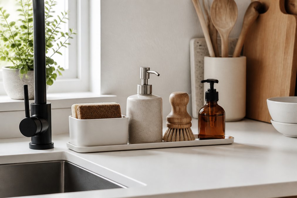 Minimalist kitchen sink countertop with a sleek sponge holder, decanted dish soap in a uniform dispenser, a small cleaning brush, and a tidy hand soap bottle arranged on a clean white surface with Scandinavian-inspired accessories in soft natural light