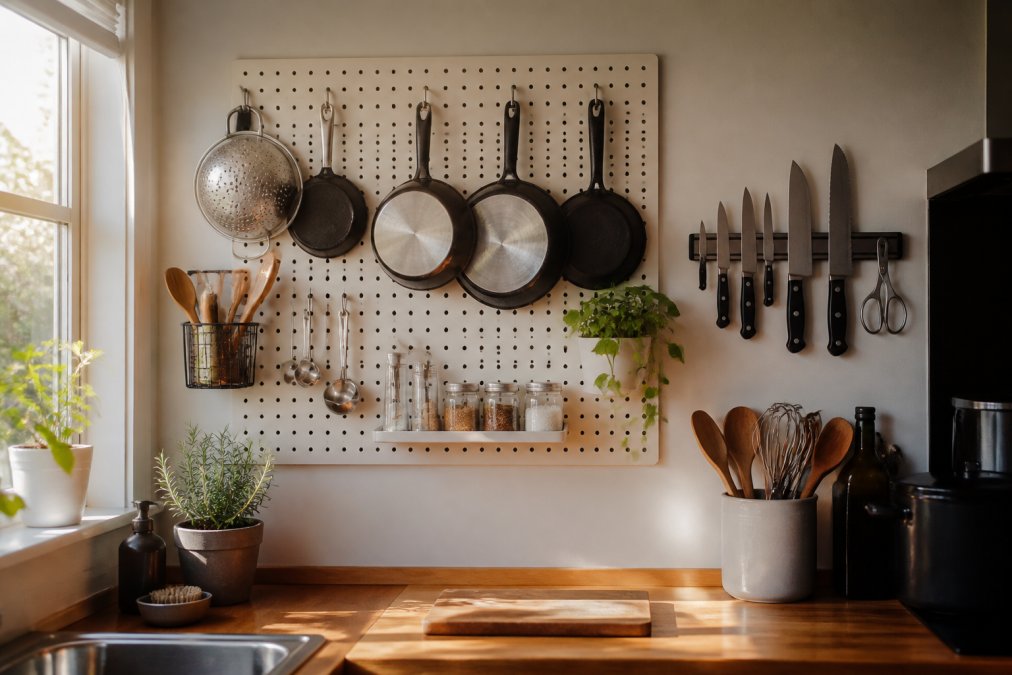 Pegboard with hanging kitchen utensils and a magnetic knife strip mounted on a small kitchen wall in warm light