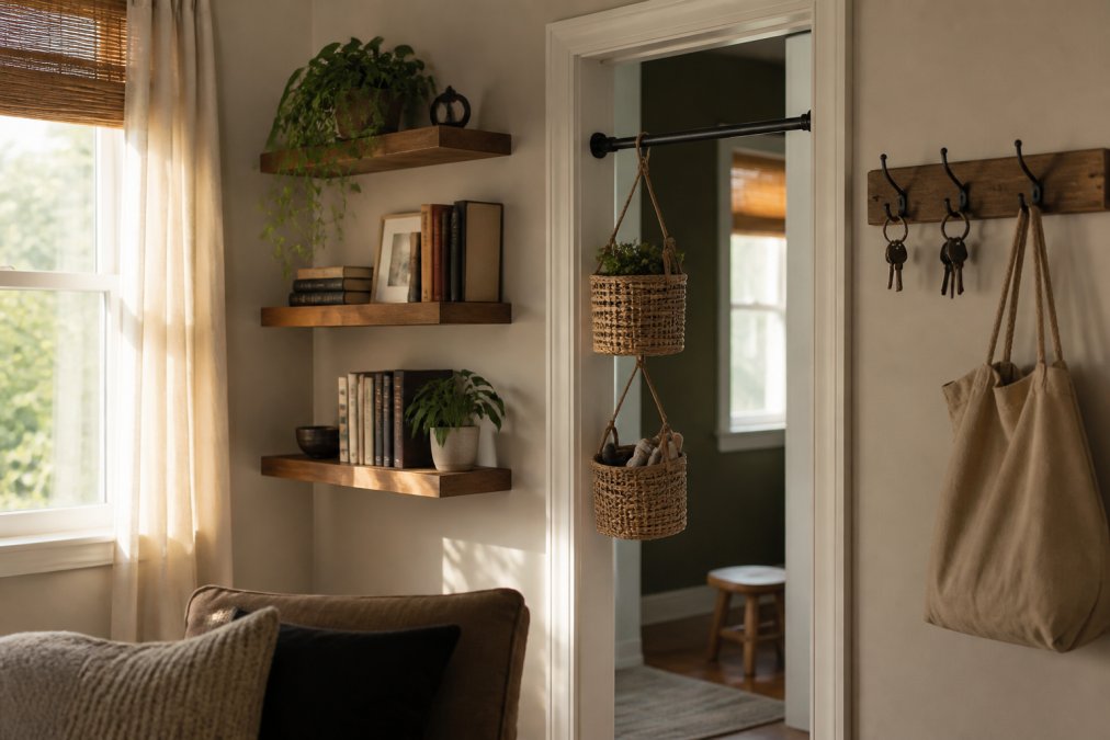 A small living room corner with three floating wood shelves holding books and a small plant, a tension rod with hanging baskets in a doorway, and a wall-mounted hook rack with keys and a canvas bag, bright natural window light