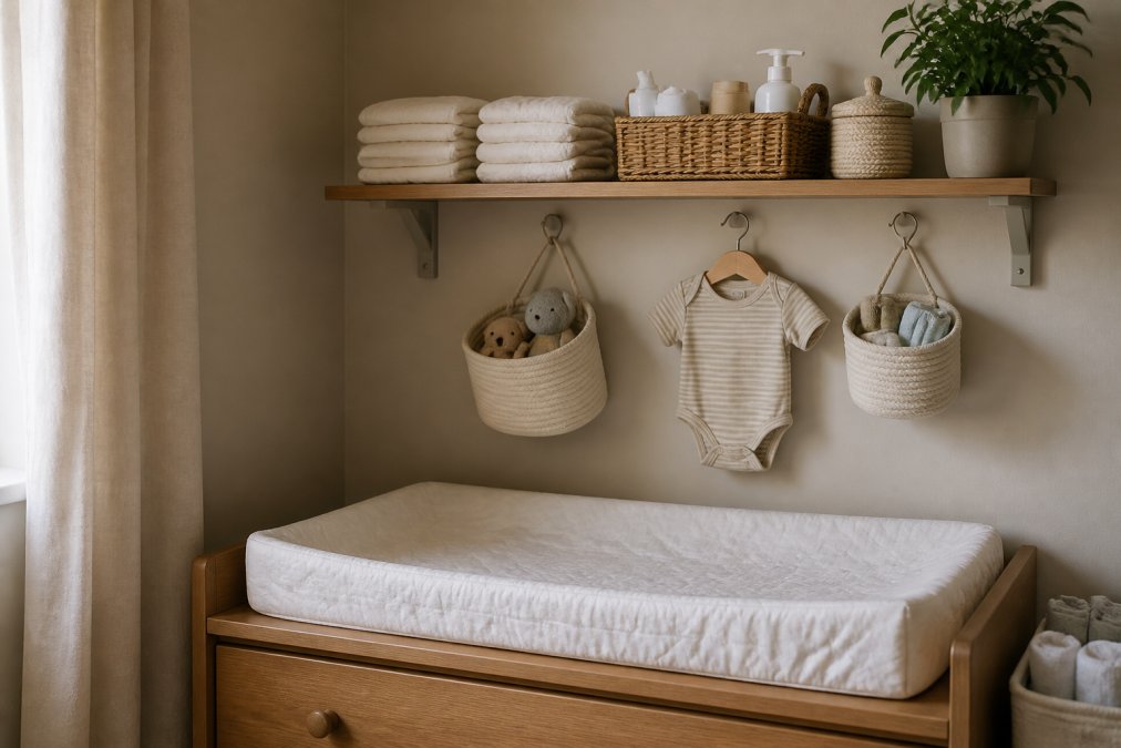 A bright, tidy changing station tucked into a compact nursery corner, featuring a soft white cotton changing pad cover, neatly stacked diapers, and a small woven caddy holding wipes and diaper cream on the shelf above