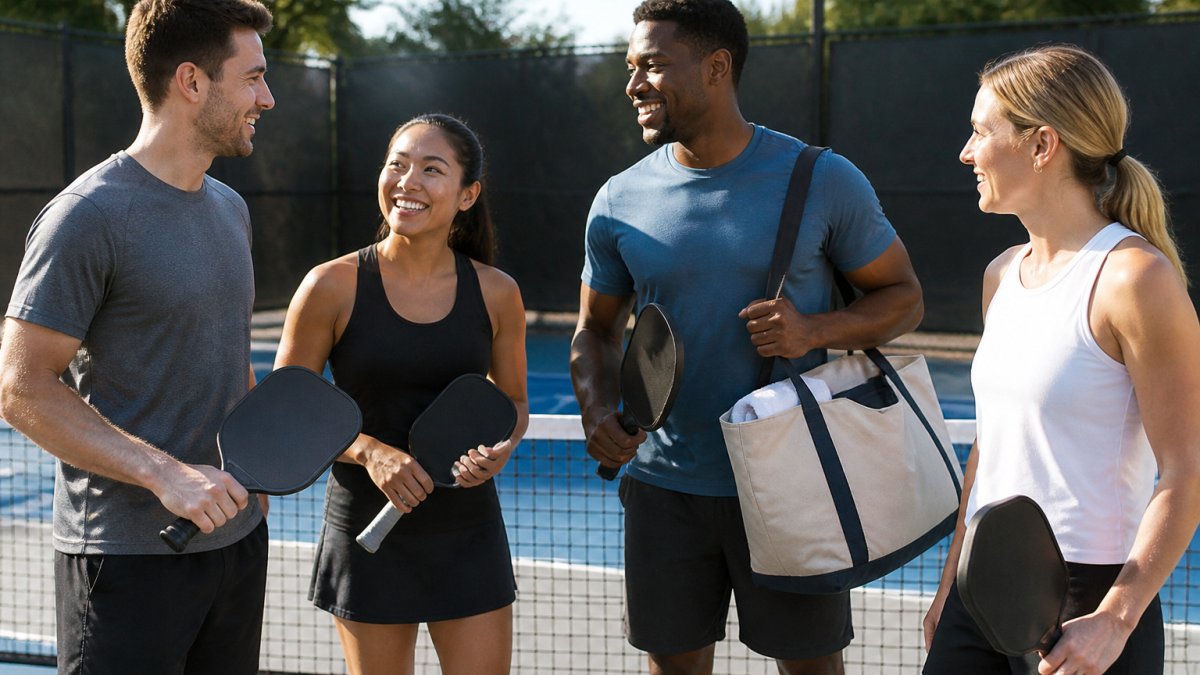 Four colleagues in athletic wear holding paddles on an outdoor pickleball court during a sunny lunch break