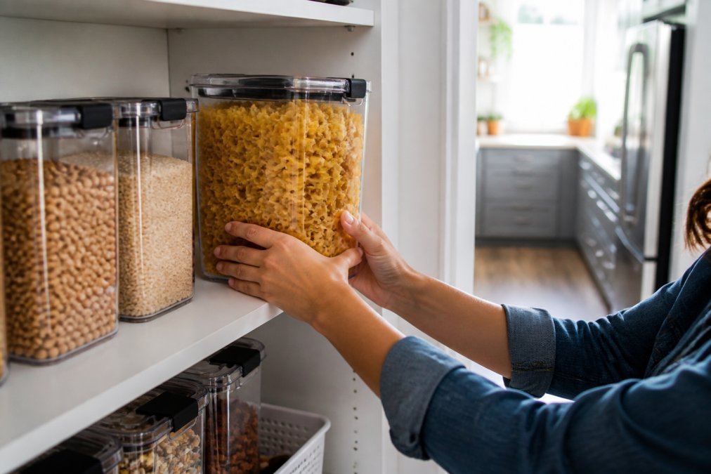 A person's hands placing a clear airtight container filled with dry pasta onto a pantry shelf next to other labeled clear bins, with a bright kitchen visible behind