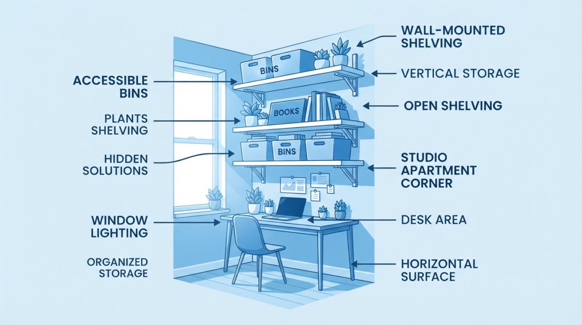 A bright studio apartment corner showing white wall-mounted shelving with neatly arranged storage bins, books, and decorative plants above a small wooden desk area with natural window lighting