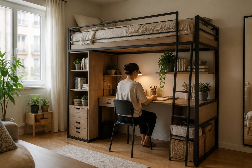 Studio apartment bedroom featuring a loft bed with an integrated desk workspace underneath, storage shelves built into the frame structure, and a person working at the desk in natural morning light from a nearby window