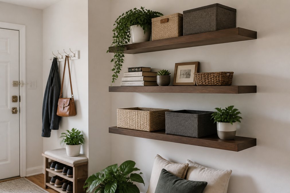 Close-up of neatly arranged floating shelves mounted on a white apartment wall, displaying organized storage bins, stacked books, decorative plants, and small framed items in a compact entryway space with soft natural light