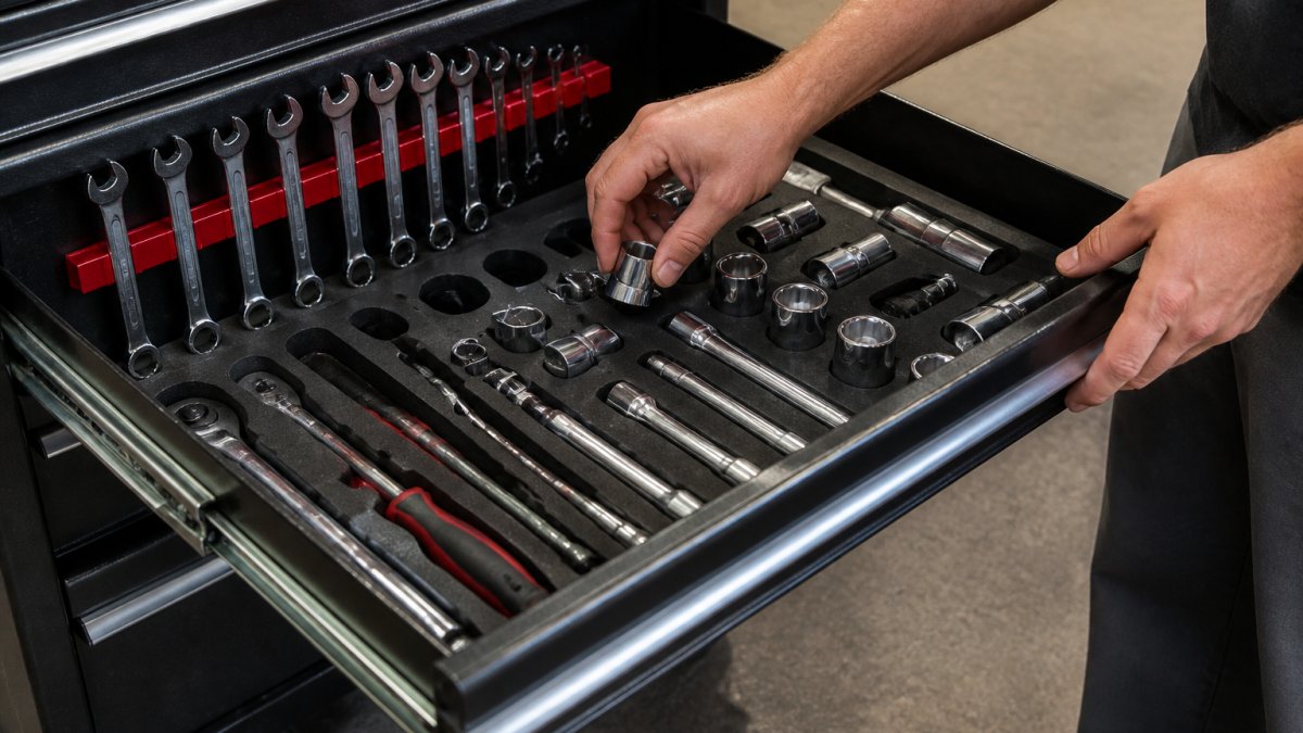 Close-up of a small toolbox drawer with foam inserts and magnetic strips holding wrenches and sockets neatly in place, with a few tools being placed by hand