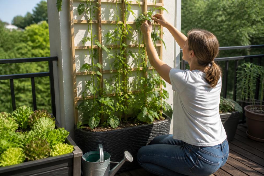 A home gardener on a sunny apartment balcony reaching up to tie climbing pea vines onto a wooden trellis, with a nearby planter box of lettuce and a small watering can on the deck