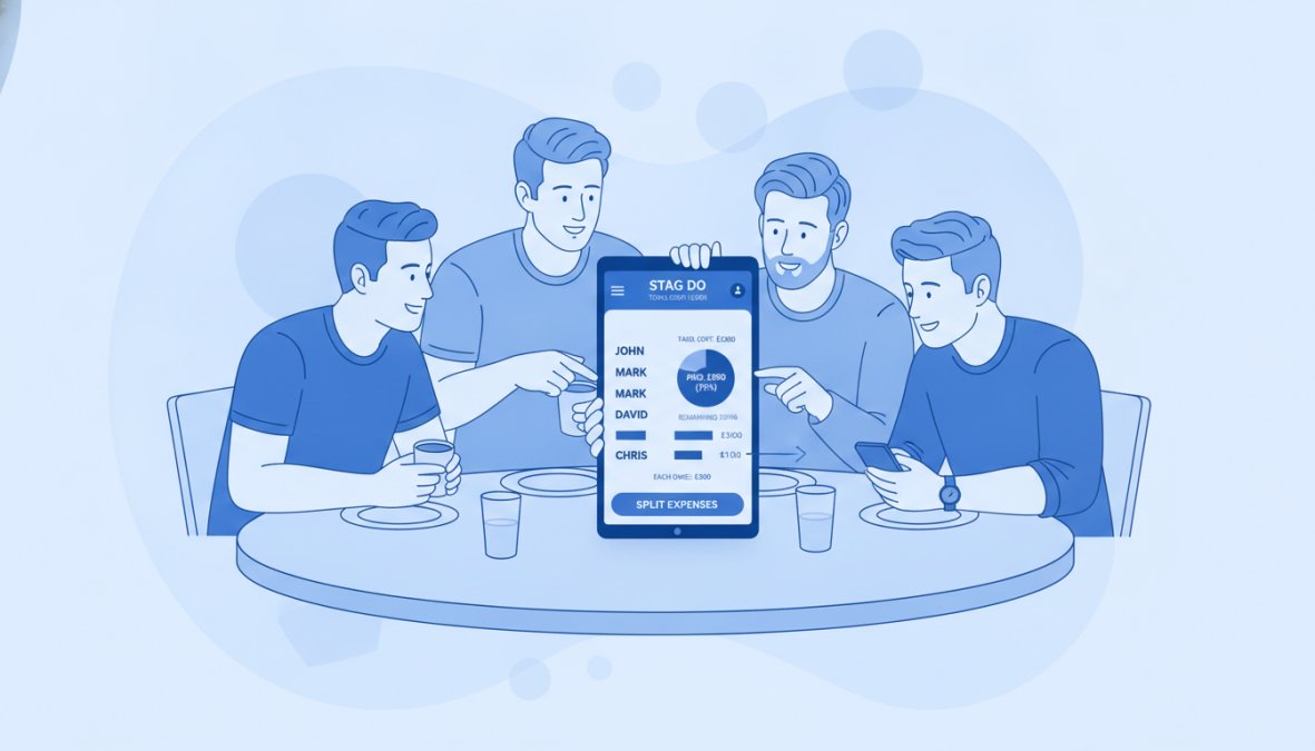 Group of friends gathered around a table looking at a smartphone displaying a payment app, discussing contributions and splitting costs for their stag do