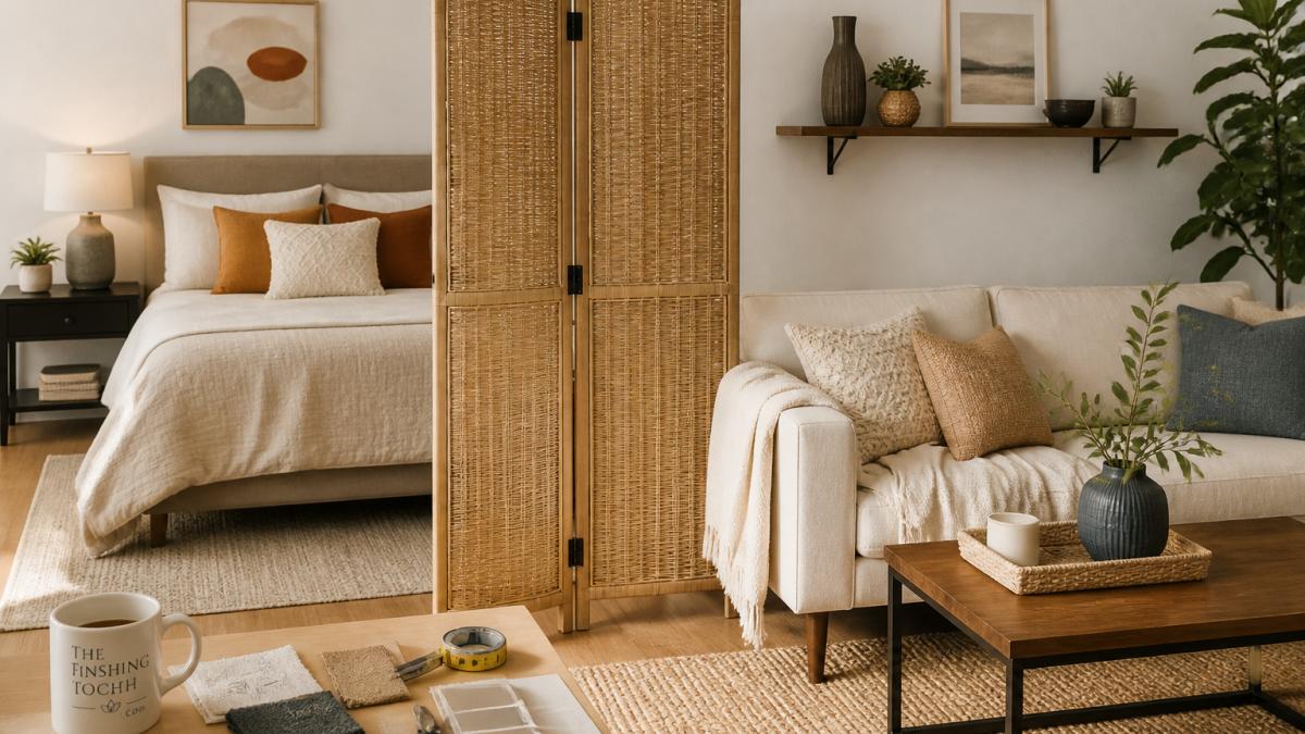 A studio apartment with distinct living and sleeping zones separated by a decorative room divider, showing a neatly made bed with throw pillows on one side and a comfortable seating area with throw blankets on the other