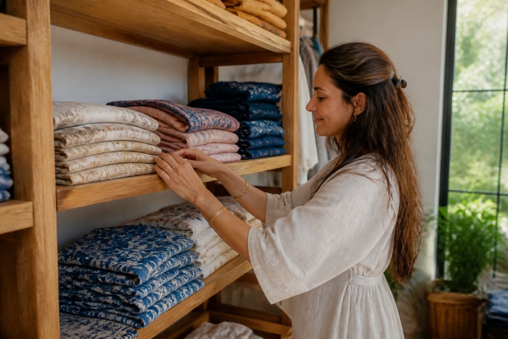 Woman organizing neatly folded organic cotton tunics and hand block-printed kaftans on a wooden shelf, arranging pieces by color in soft natural light from a window