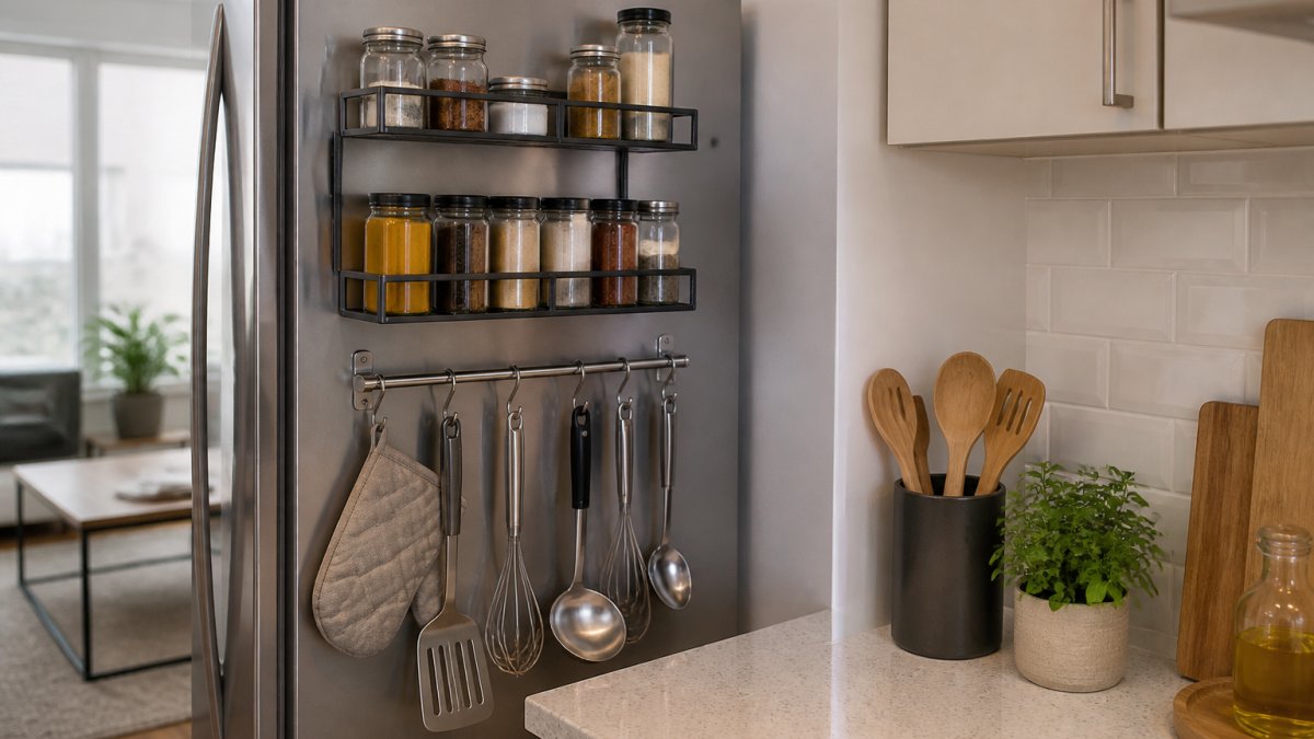 A small apartment kitchen with a wall-mounted magnetic shelf on the side of a refrigerator holding spice jars and small containers, with a hanging rail of utensils nearby and clear counter space below