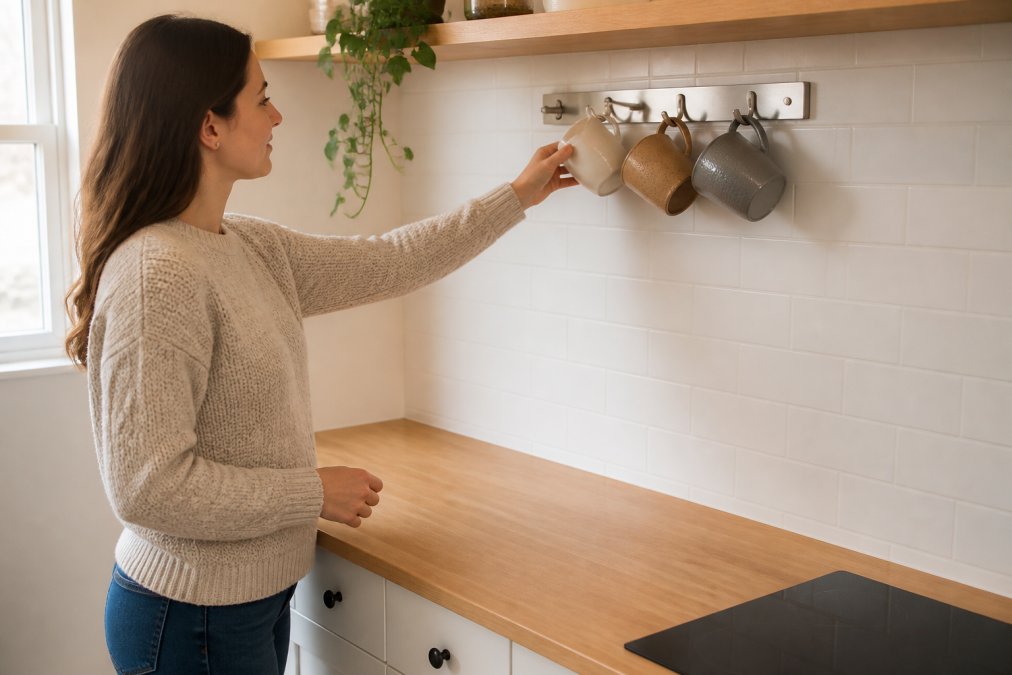 A person in a bright, compact kitchen placing a mug on a wall-mounted magnetic holder, with a clear empty countertop beside them