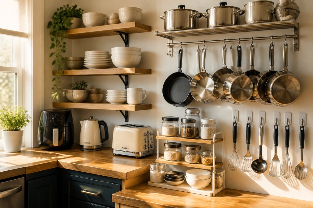 Compact kitchen with open shelving displaying organized white dishes and bowls, wall-mounted stainless steel pot rack holding cookware, adhesive hooks with utensils, and tiered shelf risers maximizing vertical space in warm natural light