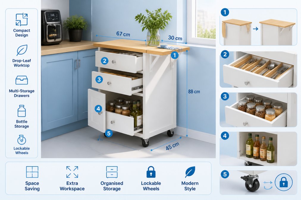 Compact white rolling kitchen island with drop-leaf worktop positioned in corner of small apartment kitchen, drawers open showing organized storage, fresh herbs in a vase on top, warm morning light from window