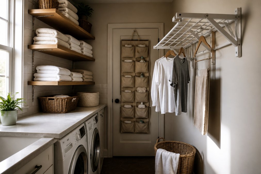 Bright, organized compact laundry room with floating shelves holding neatly folded white linens and towels, wall-mounted white drying rack with clothes hanging, over-the-door organizer visible on back wall, clean white subway tile backsplash, natural window light