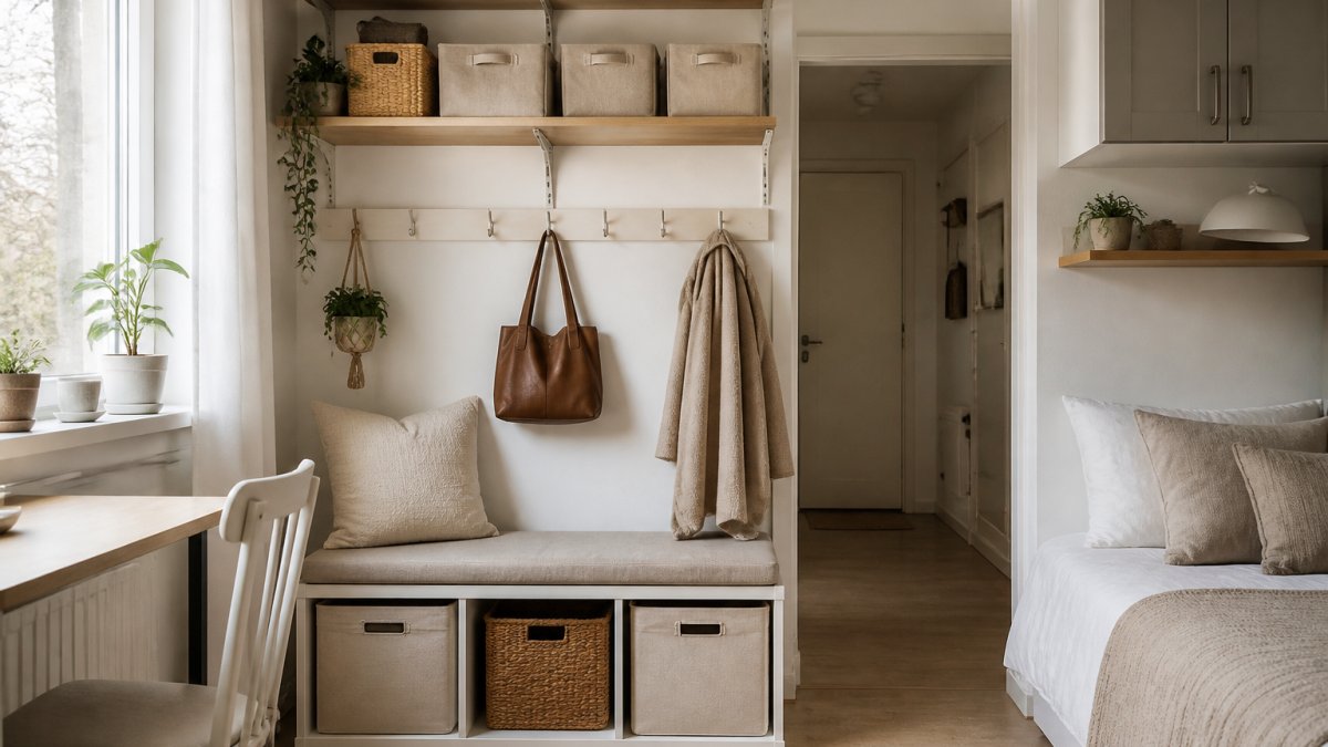 A bright, compact studio apartment corner with wall-mounted shelves, labeled fabric bins, and a storage bench with hooks above it, natural daylight from a window
