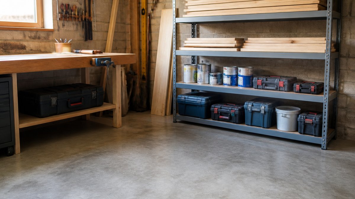 Steel shelving rack storing timber, paint tins, and tool cases in a tidy home workshop with clear floor space
