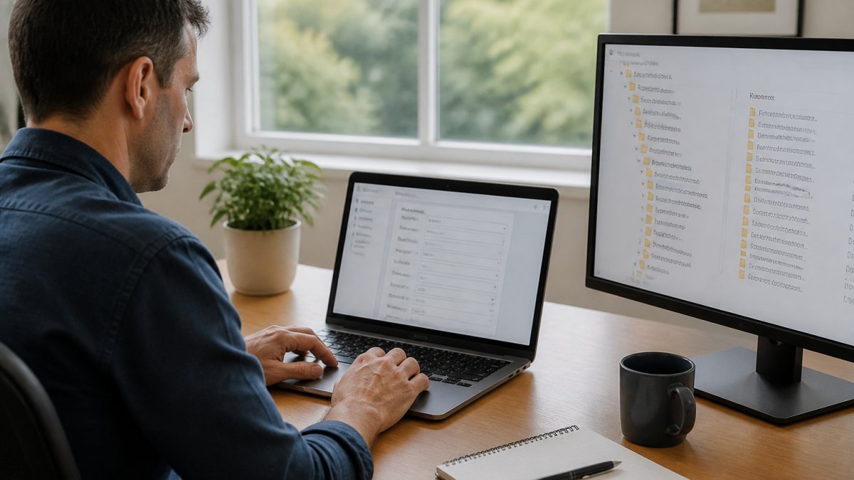 A project manager at a tidy desk adding tags and metadata to a report on a laptop, with a second screen showing a folder tree of client reports, soft daylight from a window
