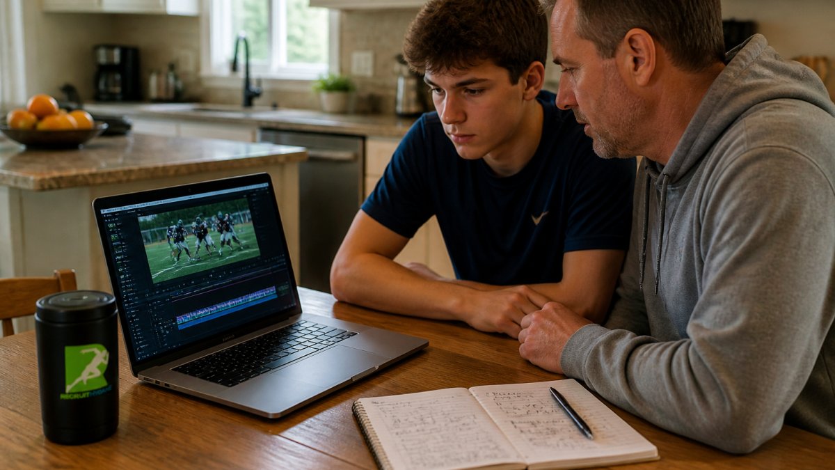 Athlete and parent using a laptop to organize athletic recruiting film clips by skill and game situation.