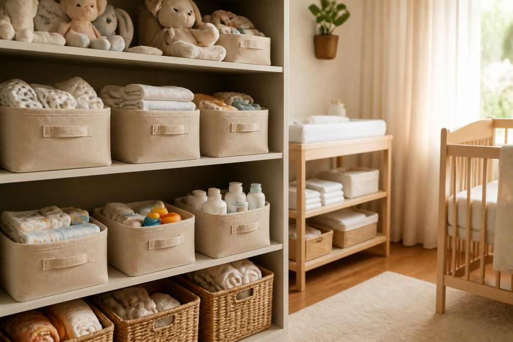 A neatly organized nursery with labeled canvas baskets and storage bins arranged on open shelves, with a changing table visible in the background, warm natural light streaming through sheer curtains